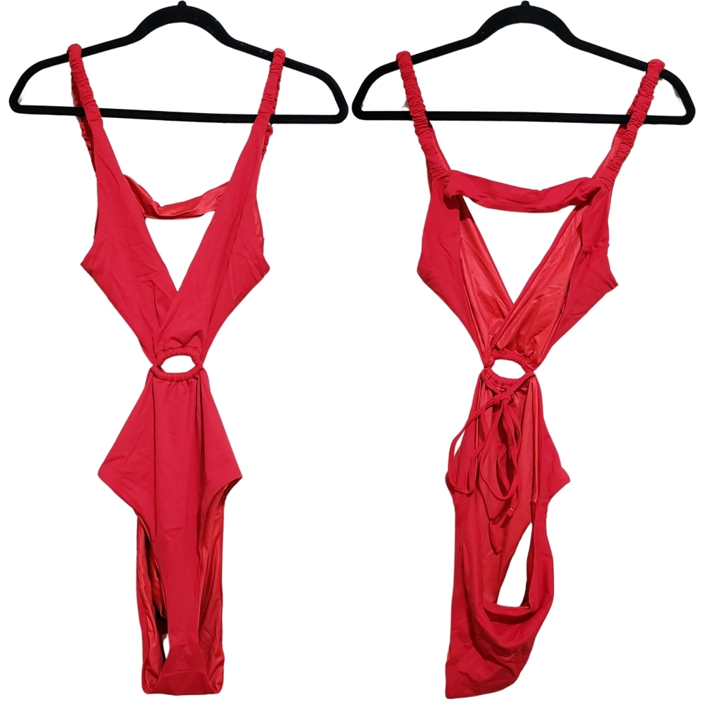 AGUA BENDITA Danielle Bouk One-piece Swimsuit Cut Outs V-Neck Women XL Red NWT